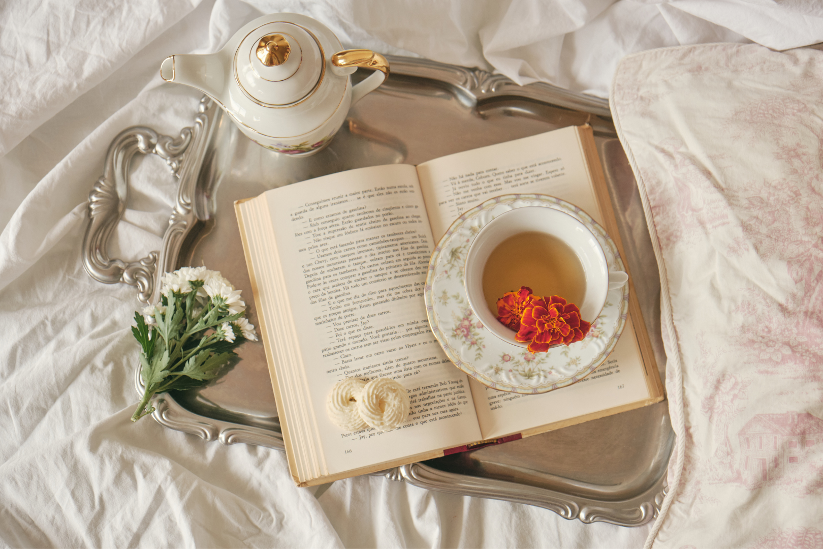 tea book in bed